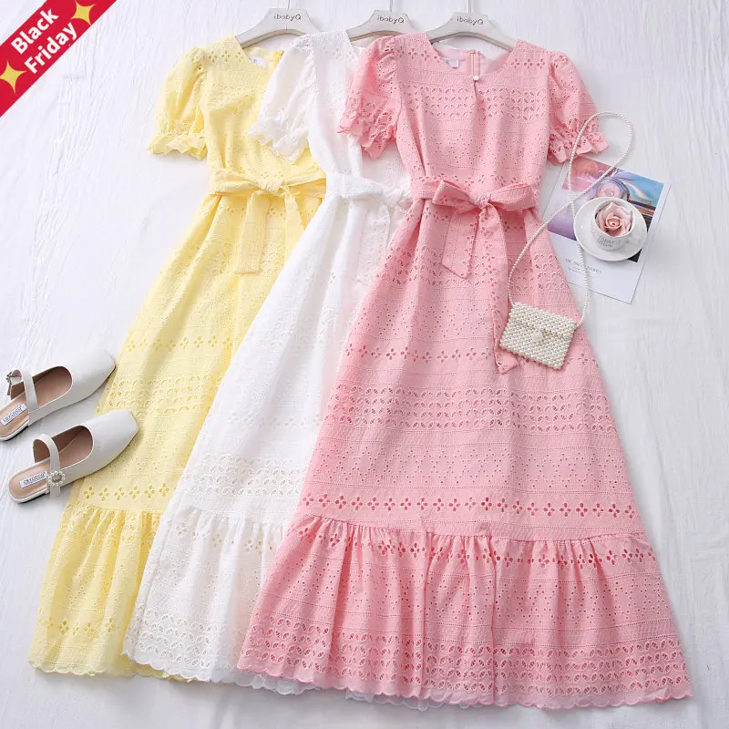 

Vintage Lace Hollow Out Dress For Women O-Neck Short Sleeve High Waist Summer Long Dresses Female New Fashion Clothes