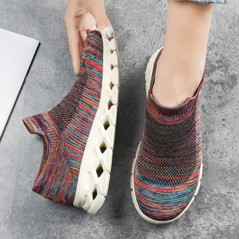Unisex Walking Shoes Summer Knitted Loafers Sports Sneakers Breathable Lightweight Soft Travel Socks Shoes Plus Size 36-46