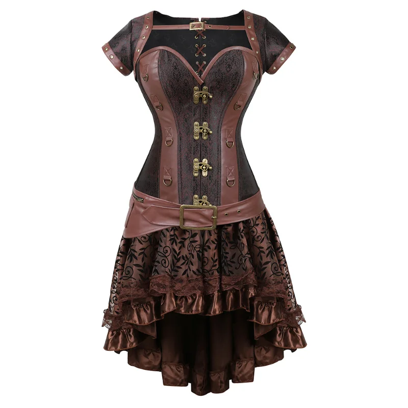 

Cosplay Medieval Steampunk Pirate Corset Dress Leather Overbust Corset Burlesque Viking Costume Women Halloween Dress Up Party