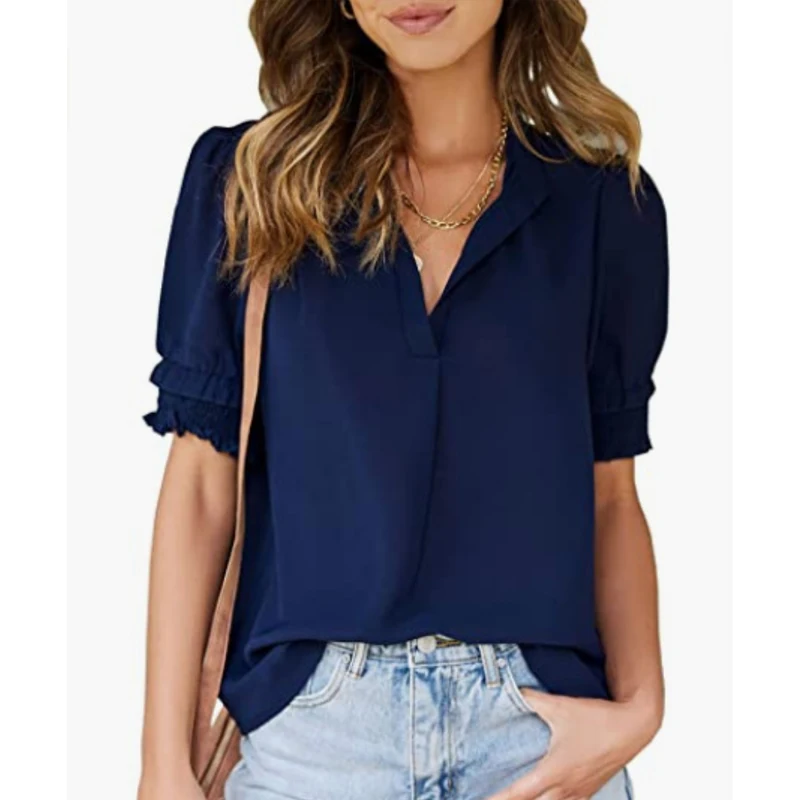 

Casual Puff Short Sleeve Clothes Elegant New Solid Blouse Fashion Tops 2023 Summer V-neck Chiffon Shirt Women Blusas Mujer 24714