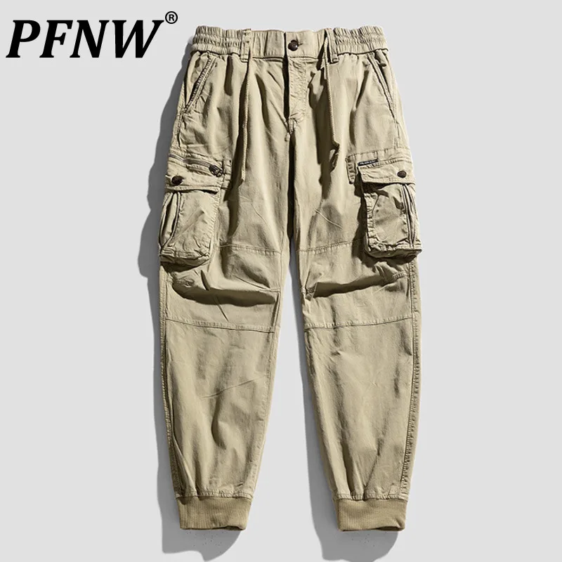 

PFNW Spring Autumn New Baggy Men's Cargo Pants Vintage Multi Pockets Tide Drawstring Loose Cotton Casual Thin Trousers 12A7378