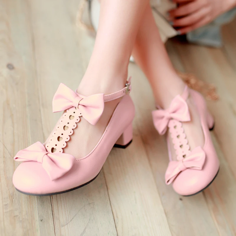 Large Size Lolita Hollow T Strap Shoes Women Leather Bow Knot Med Heels Wedding Dress Pumps Fashion Cosplay Pink Black Beige
