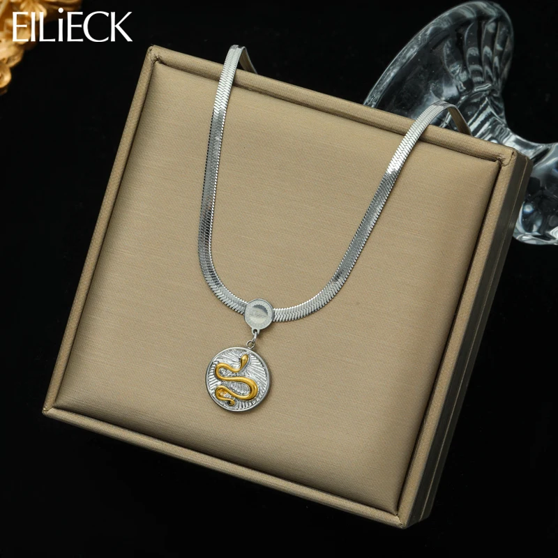 

EILIECK 316L Stainless Steel Round Snake Pendant Necklace For Women Luxury Clavicle Chain Waterproof Jewelry Lady Gift Party