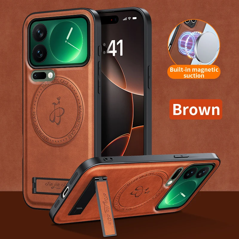 Фото Кожаный чехол-подставка для Xiaomi Mi 17 Pro Max 17 Pro с магнитным держателем, защитная пленка для камеры Mag-safe Charge, мягкий чехол Fundas №1