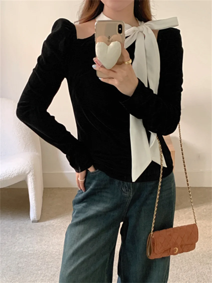 Черные блузки Alien Kitty женские свободные винтажные тонкие новые шикарные зимние с