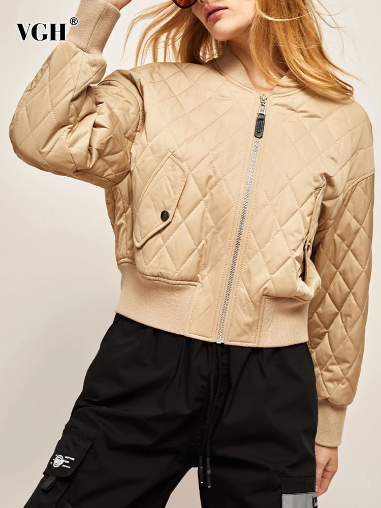 

VGH Solid Winter Coats For Women Round Neck Long Sleeve Argyle Patchwork Zipper Casual Temperament Parkas Female Autumn Clothing