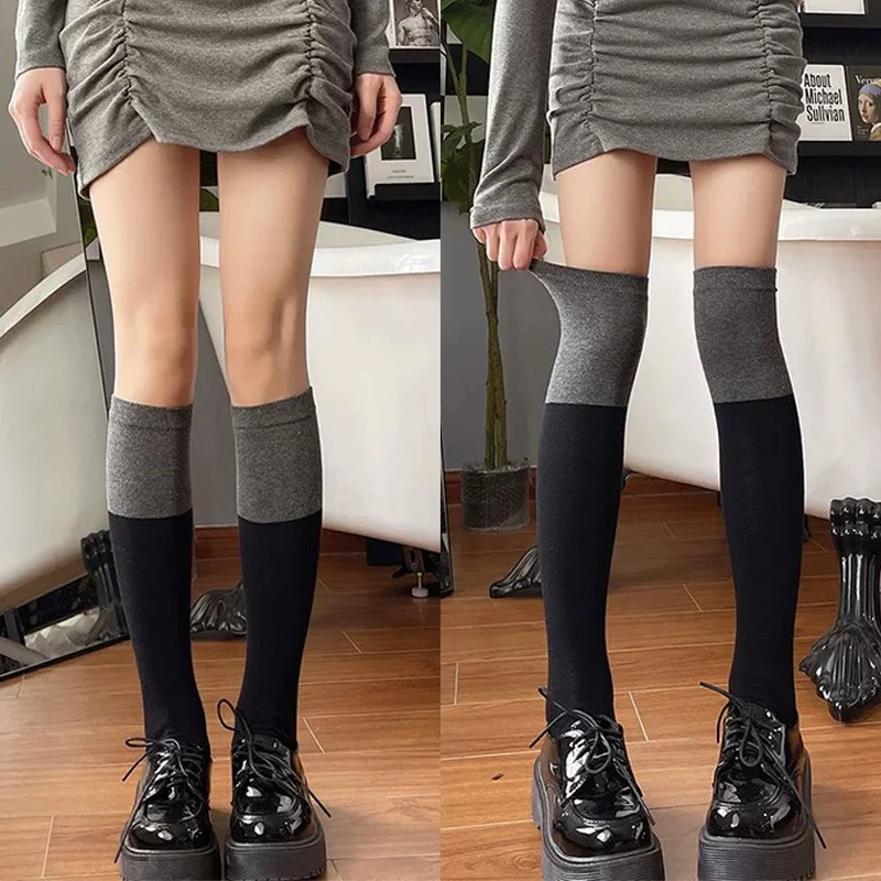 

Носки женские средней длины из чистого хлопка, теплые чулки выше колена, с прострочкой, высотой 62 см, Черные Серые