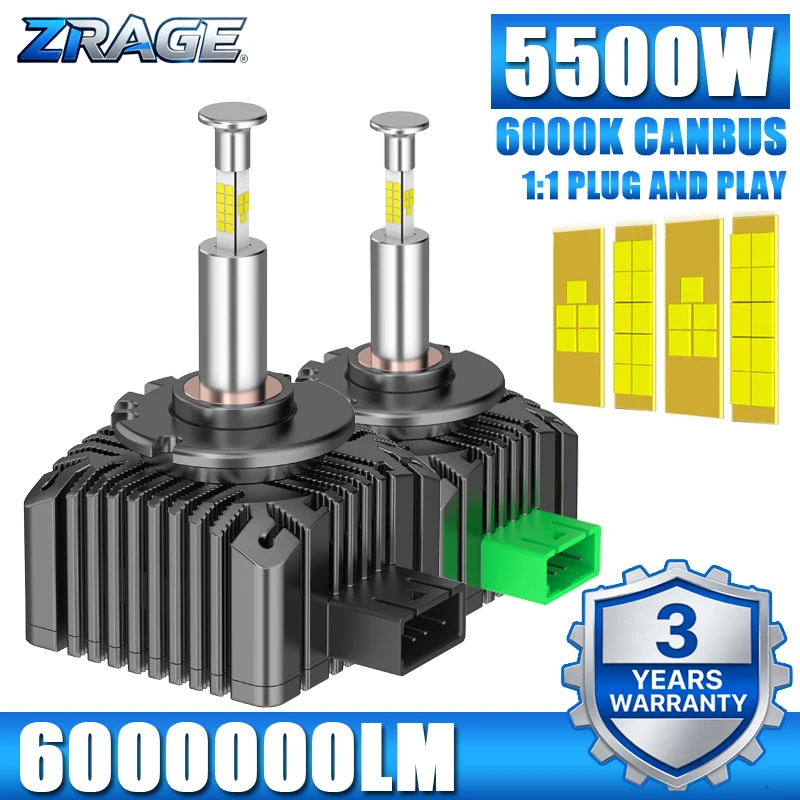 Фото D3S D1S Светодиодные фары CANBUS D2S D4S D5S D8S 360 Светодиодная турболампа D1R D2R D3R D4R HID Размер 1:1, Plug&Play 6000K 5500 Вт Высокая мощность №1