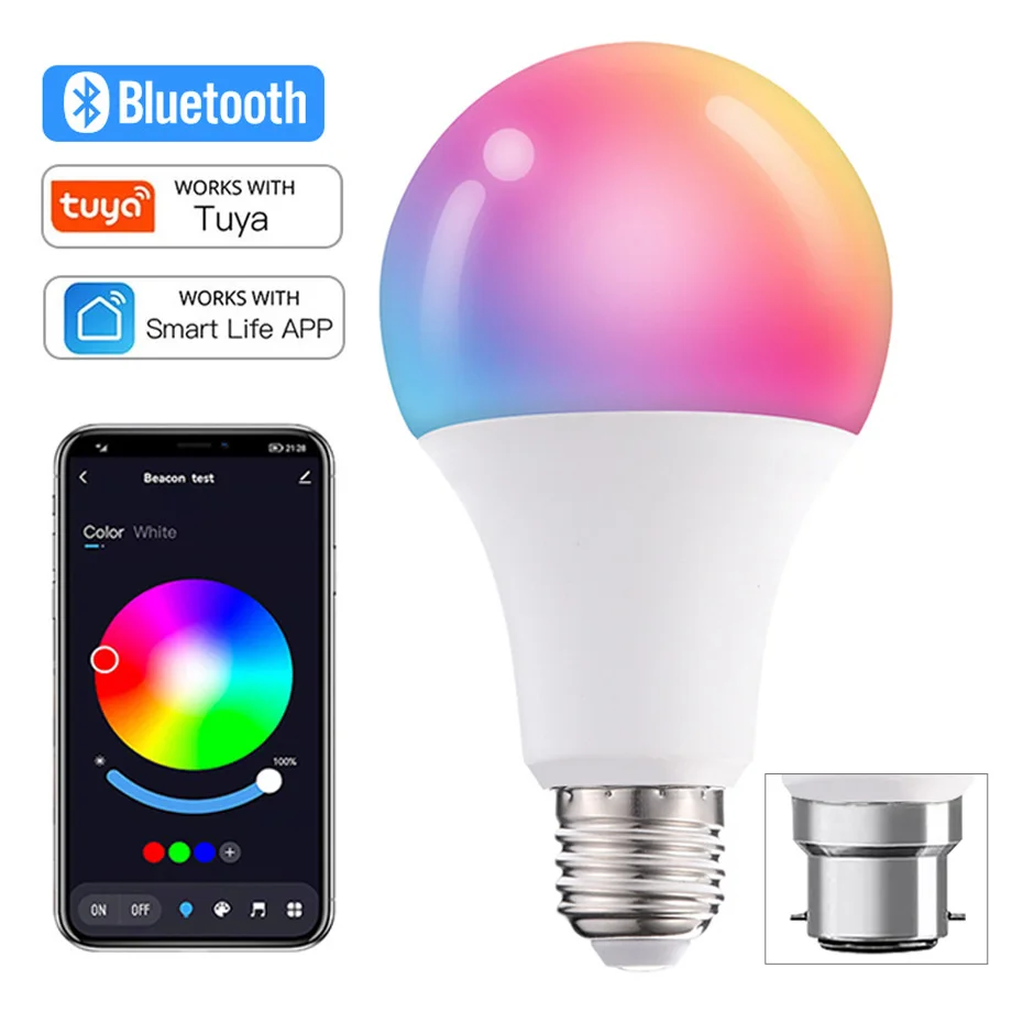 Tuya Bluetooth LED Light Bulb E27 B22 20W RGB Smart Lamp 110V 220V RGB+CW+WW Color Change Dimmable APP Control For Home Decor