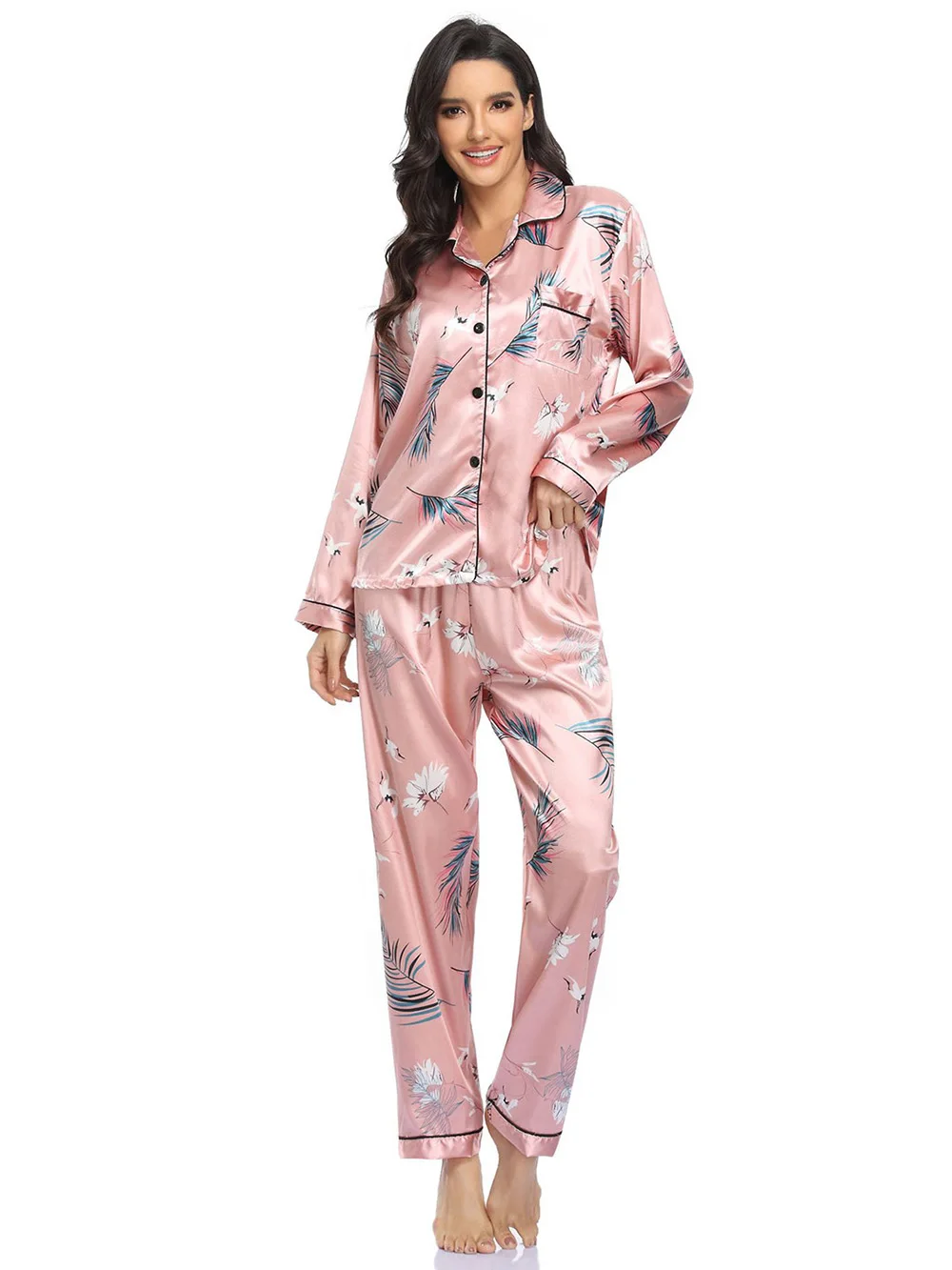 

Women Floral Print Contrast Piping Satin Blouse & Pants PJ Set Nightwear Loungewear Sleepwear Pajamas Night Clothes Ladies