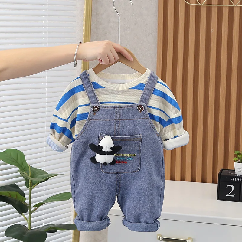 

2022 Spring Autumn Baby Boy Clothes Set Fashion Striped Pullover O-neck Long Sleeve Tops Denim Rompers 3PCS Kids Girls Outfits