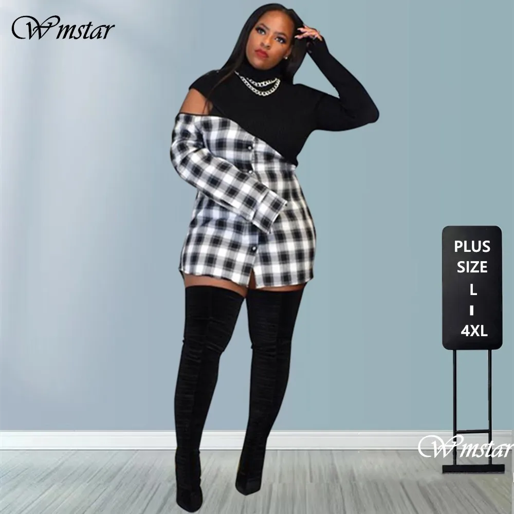 Платье-рубашка женское на молнии в клетку стиле пэчворк Осень-зима S-4XL большие