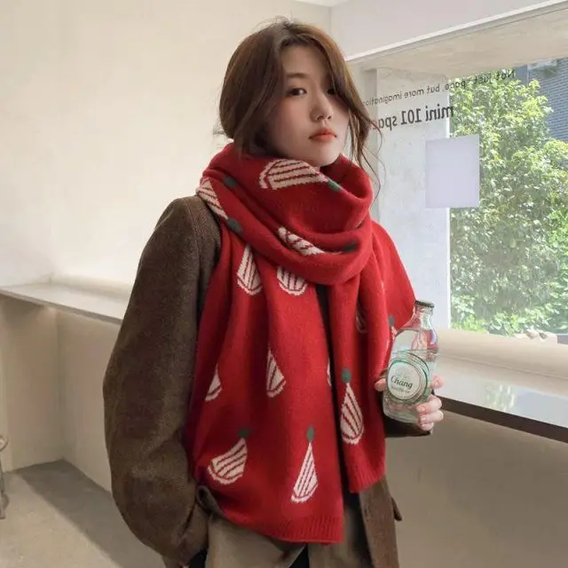 Рождественский красный шарф для женщин теплая осенне-зимняя версия вязаный пар