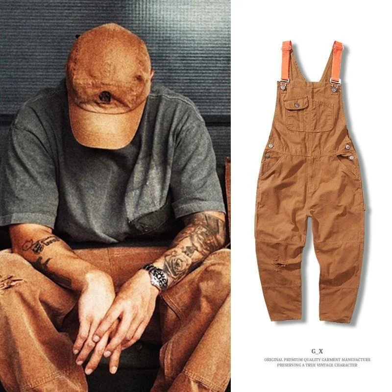 2023 Men's Loose Orange Overalls Ripped Men's Jumpsuit Hip-hop Streetwear Overalls Overalls Youth Casual Trousers