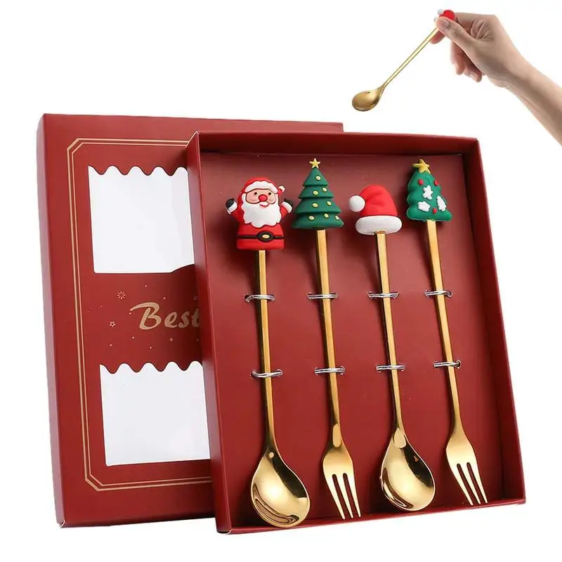 

Рождественская кофейная ложка из нержавеющей стали, 4 шт., в подарочной коробке, для мороженого, супа, сахара, десертов, чайные ложки, подарок