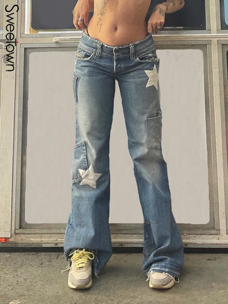 

Sweetown Low Waist Y2K Denim Pants Star Patches Vintage Grunge Flared Jeans Woman Ripped Stitched Pockets Streetwear Bottoms