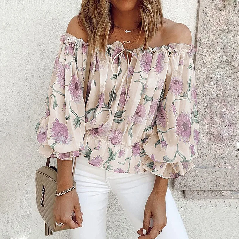 

2023 Fashion Sexy One-necked Off-shoulder Chiffon Blouse Women's Loose Print Long-sleeved T-shirt Top Elegant Office Women's