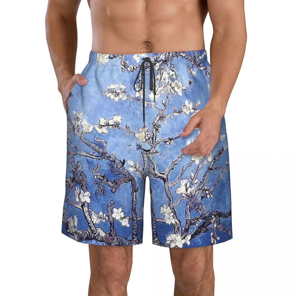 

Vincent Gogh Almond Blossoms Men's Beach Shorts Pocket Impressionism Swimsuit with Mesh Lining Men Swimwear Surfing Boardshorts