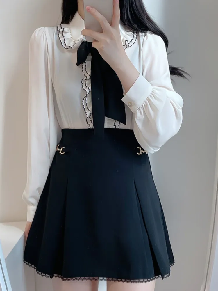 Блузка женская с рюшами милая винтажная формальная рубашка пуговицами в