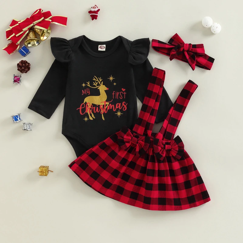 

Женская юбка с длинным рукавом, комбинезон с принтом в виде лося + сарафан в клетку + повязка на голову, комплект для новорожденных