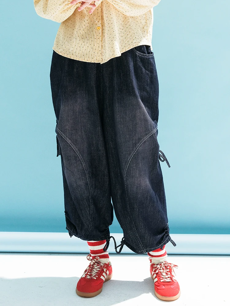 

IMAKOKONI Original design lace-up bow Jeans pocket casual loose nine-point pants elastic waist pants women's 234025