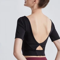 2022 new yoga big backless yoga clothes short sleeved nude cross navel sports top slim fit beautiful back t shirt