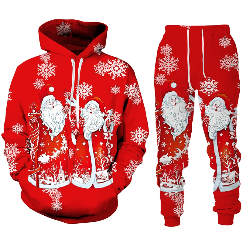 

New Fashion Men Women Christmas Print Hoodie Suits Men Long Sleeve Pullover + Pants Loose Hooded Sweatshirt Set