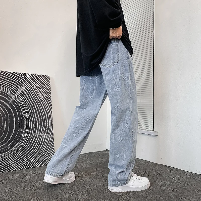 Summer Blue Black Jeans Men Fashion Retro Printed Jeans Men Streetwear Hip Hop Loose Straight Denim Pants Mens Trousers S-3XL