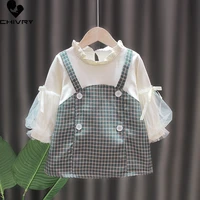 girls dresses spring summer 2022 kids baby girls puff sleeve a line dress cute fake two pieces fashion plaid princess dresses