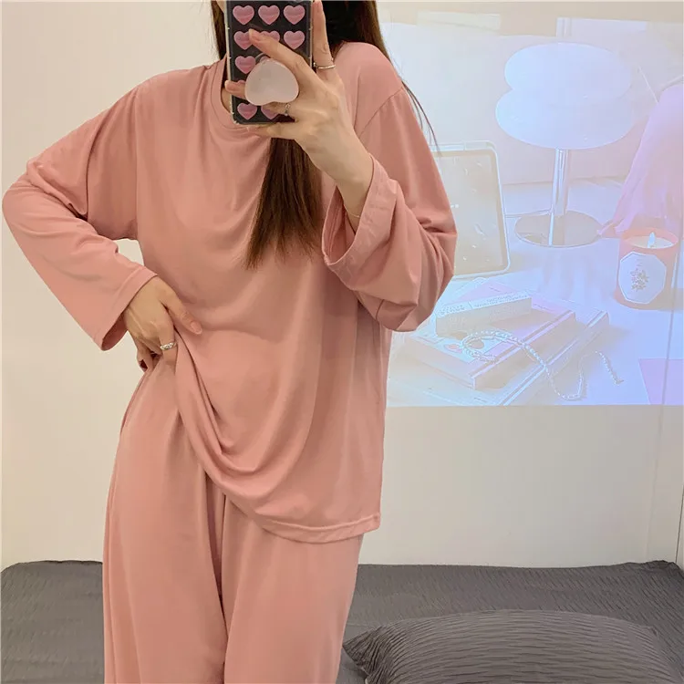 CAIYIER Autumn Winter Nightwear Solid Color O-Neck Long Sleeve Sleepwear Suit Girls Korean Chic Simple Pajama Set With Chest Pad