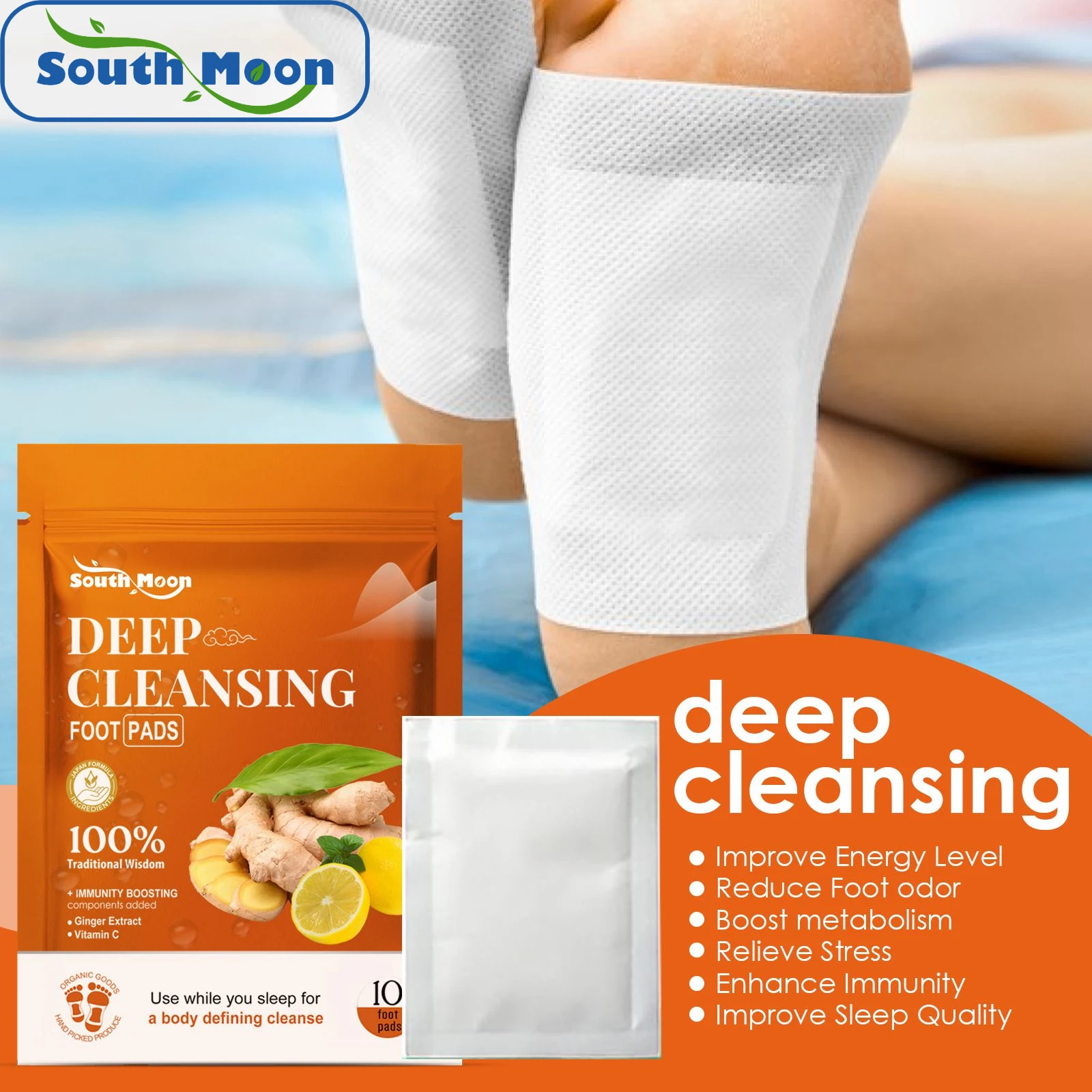 South Moon Ginger Deep Detox Foot Pads Natural Herbal Relief Stress Improve Sleep Cleansing Detox Slimming Foot Care Tool 10pcs