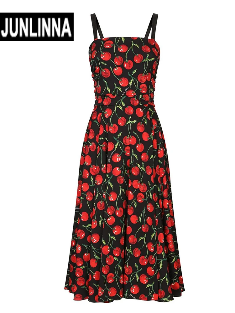 Женское платье с принтом вишни JUNLINNA летнее средней длины на тонких бретелях