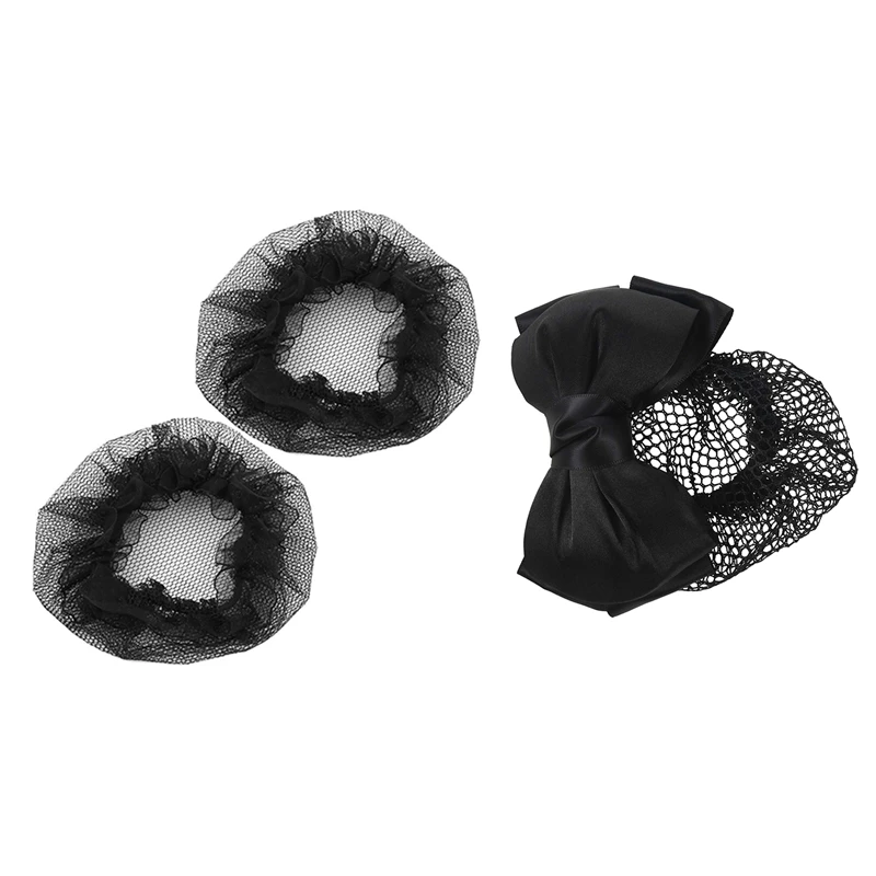 

1X Woman Black Two Layers Polyester Bowtie Hair Bun Cover Hairclip & 2 Pcs Nylon Mesh Stretchy Ballet Bun Hair Covers Hairnet Bl