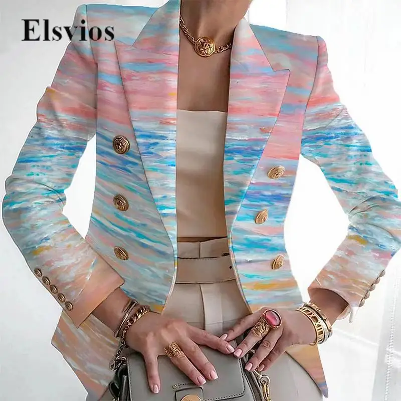 

Women Fashion Printed Slim Outwear Jacket Elegant Commuting Long Sleeve Blazer Casual Turn-down Collar Double-breasted Suit Coat
