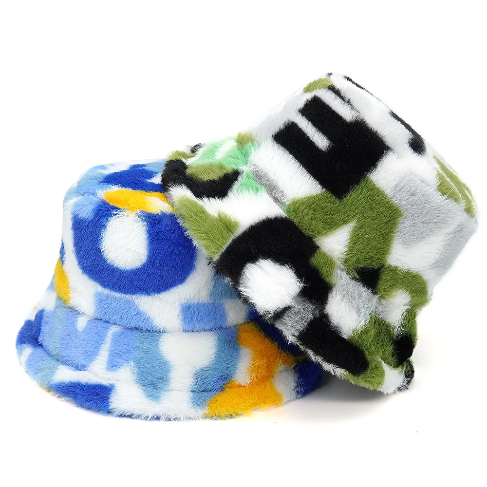 

Autumn Winter Faux Fur Warm Bucket Hats Women Fashion Soft Velvet Wide Brim Fisherman Hat Ladies Letter Outdoor furly hat