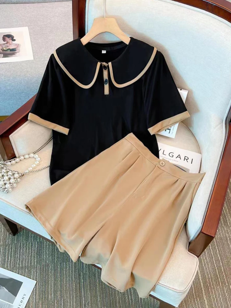 

M GIRLS Summer Outfits Short Sleeved Two Piece Set For Women 2023 New Loose Doll Collar T Shirt+Elastic Waist Casual Suits Short