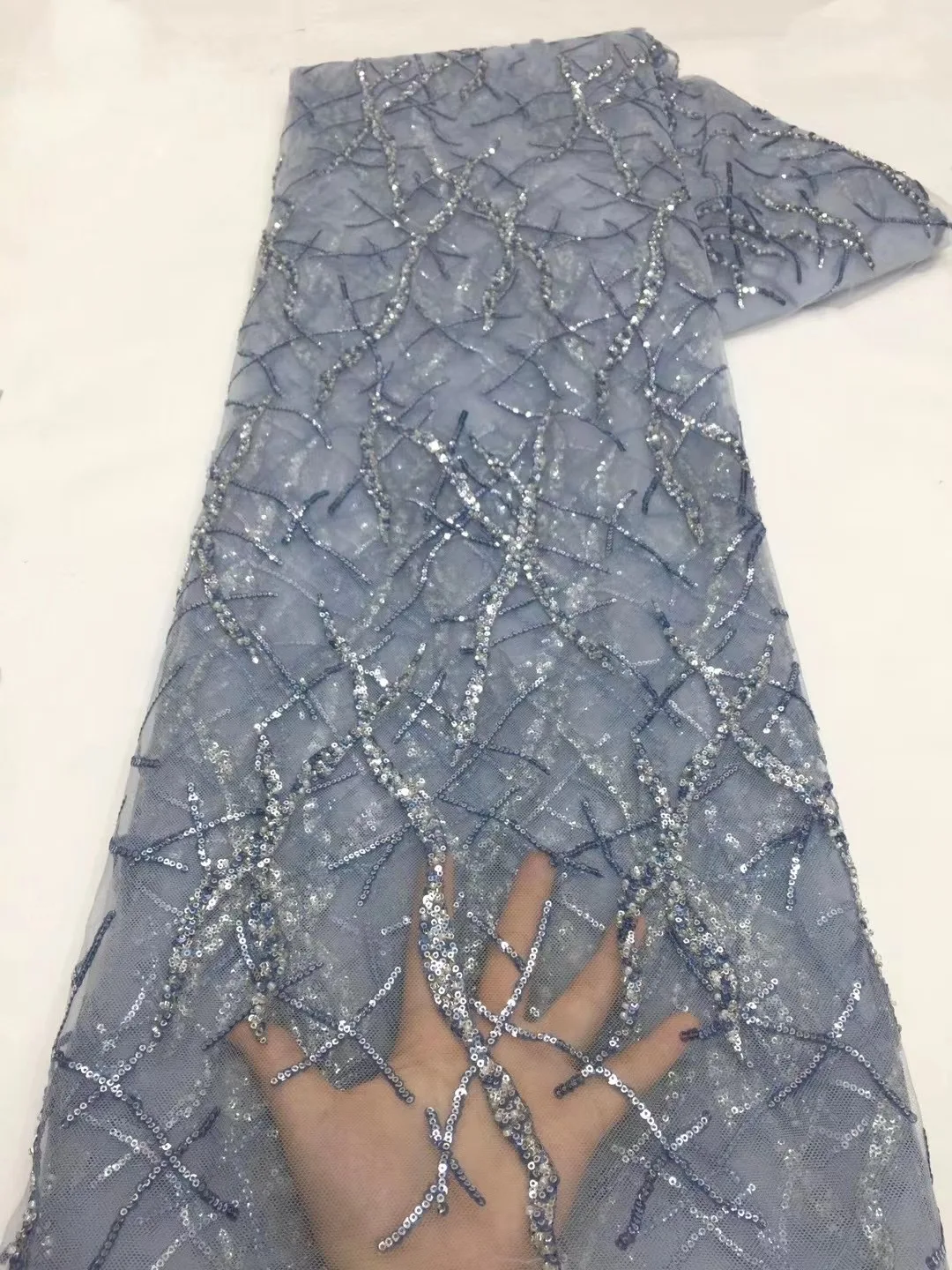 

African Latest Sky Blue Sequins Tulle Lace 2022 High Quality Lace French Mesh Embroidery Lace Nigerian Women Party Prom Dress