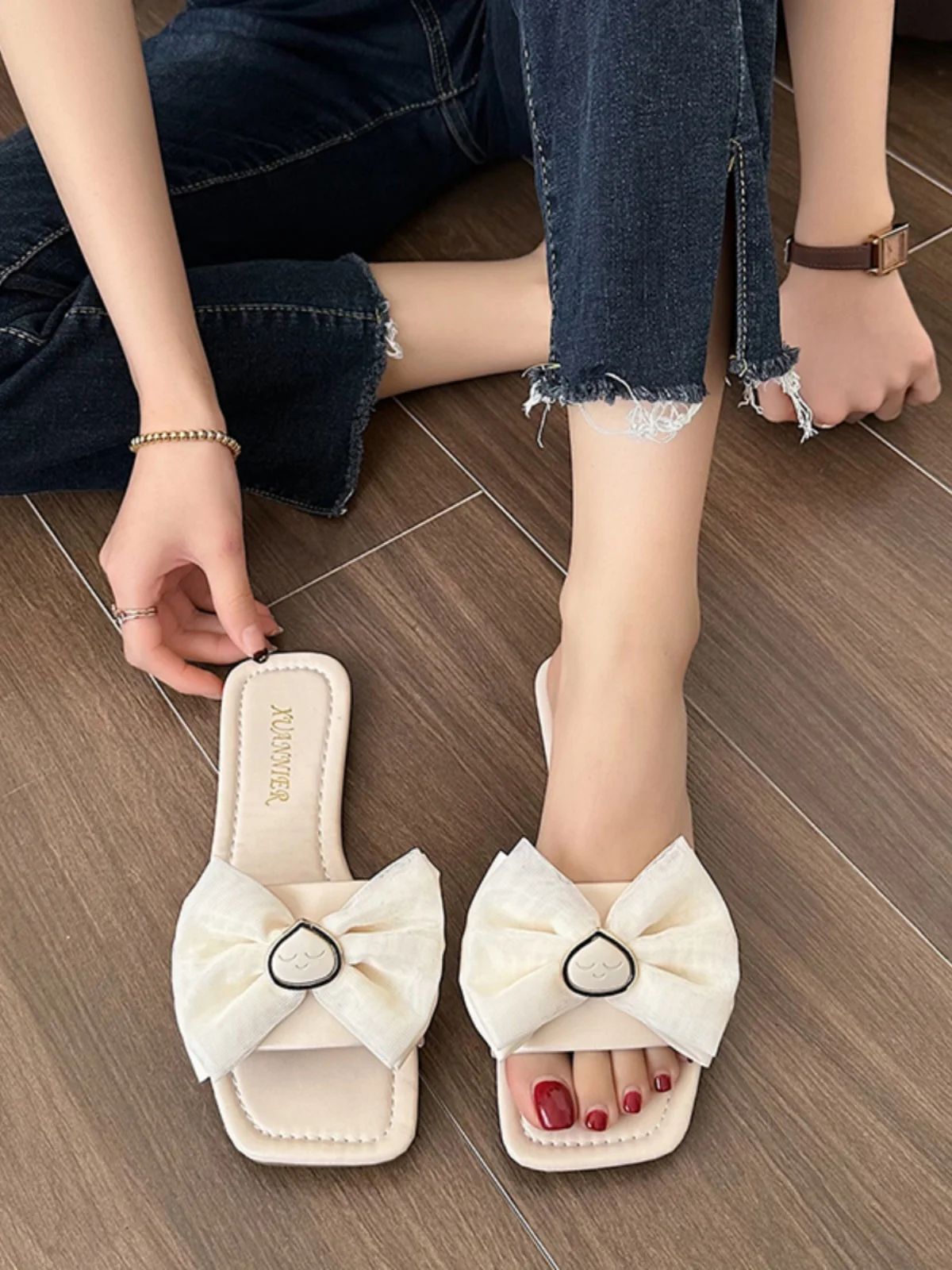 

Shoes Women Ladies' Slippers Luxury Slides Pantofle Butterfly-Knot Soft Designer Flat 2023 PU Basic Rubber Butterfly-knot