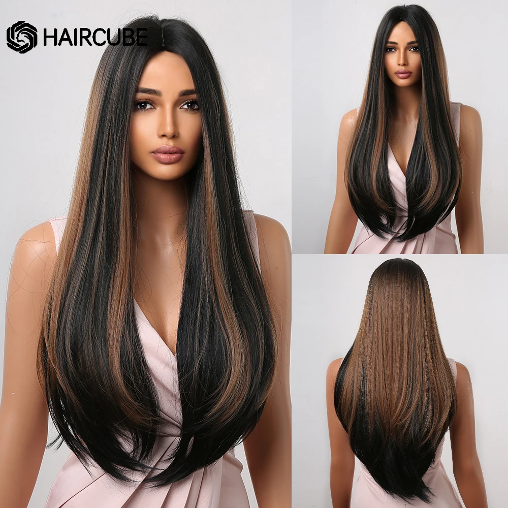 

HAIRCUBE Long Straight Layered Synthetic Wigs Black Brown Mixed Hair Natural Wig for Black Women Daily Heat Resistant Fiber Wigs