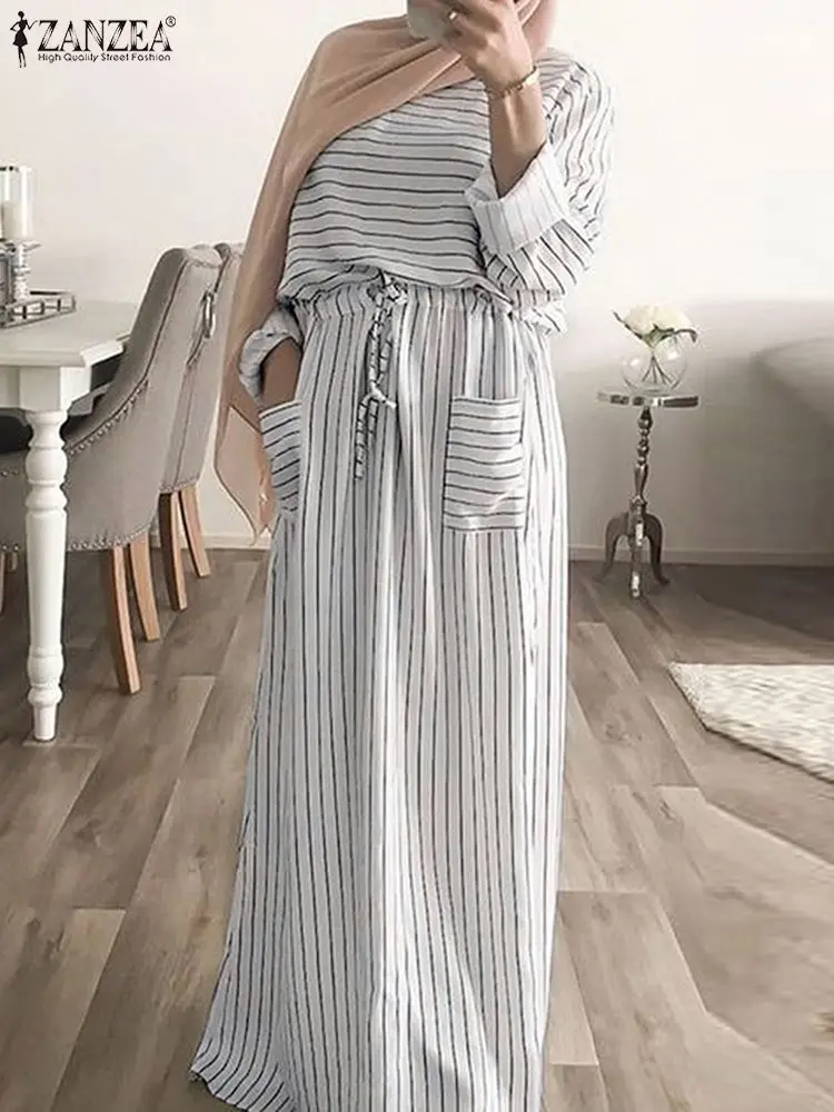 

Women Autumn Stripe Sundress ZANZEA kaftan Muslim Dress Long Sleeve Lace Up Maxi Vestidos Turkey Abaya Hijab Robe Femme Oversize