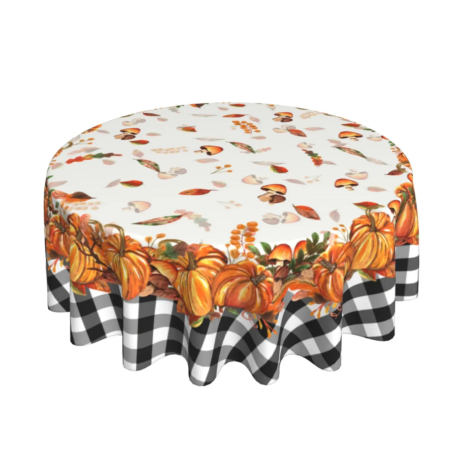 

Autumn Pumpkin Black and White Plaid Table Cloth Thanksgiving Fabric Round Tablecloth 60 Inches for Parties Dining Table Decor