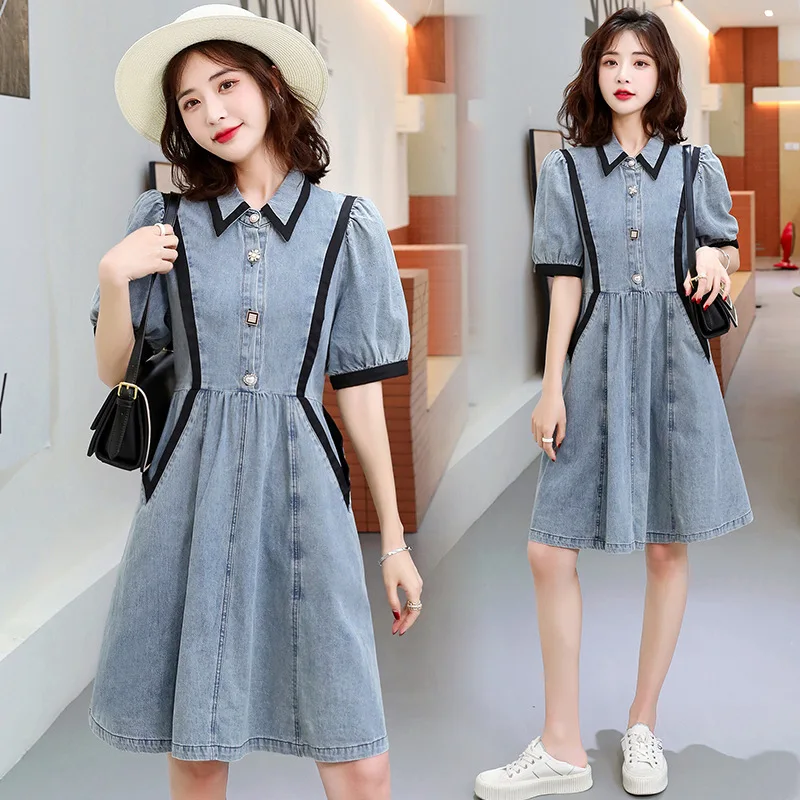

Fashion Women Denim Dress 2022 Summer Short Sleeve Turn Down Collar A-Line Dresses Female Loose Jean Frock