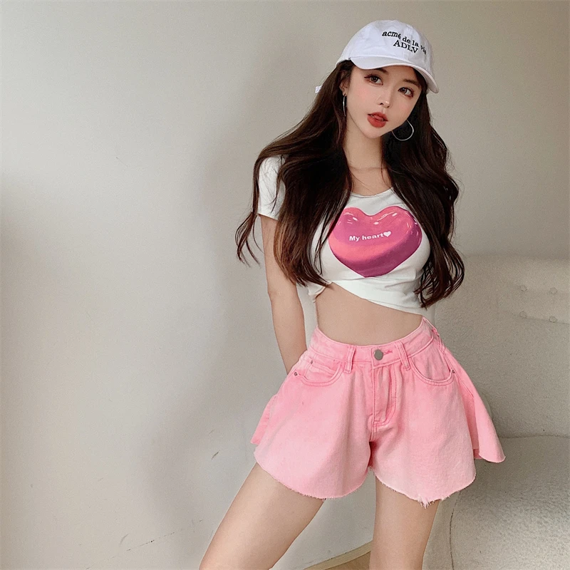 Women 2021 Summer Y2K Loose Hot Skirts Shorts Blue Female High Waist Korean Denim Wide Leg Jeans Streetwear Shorts with Pockets