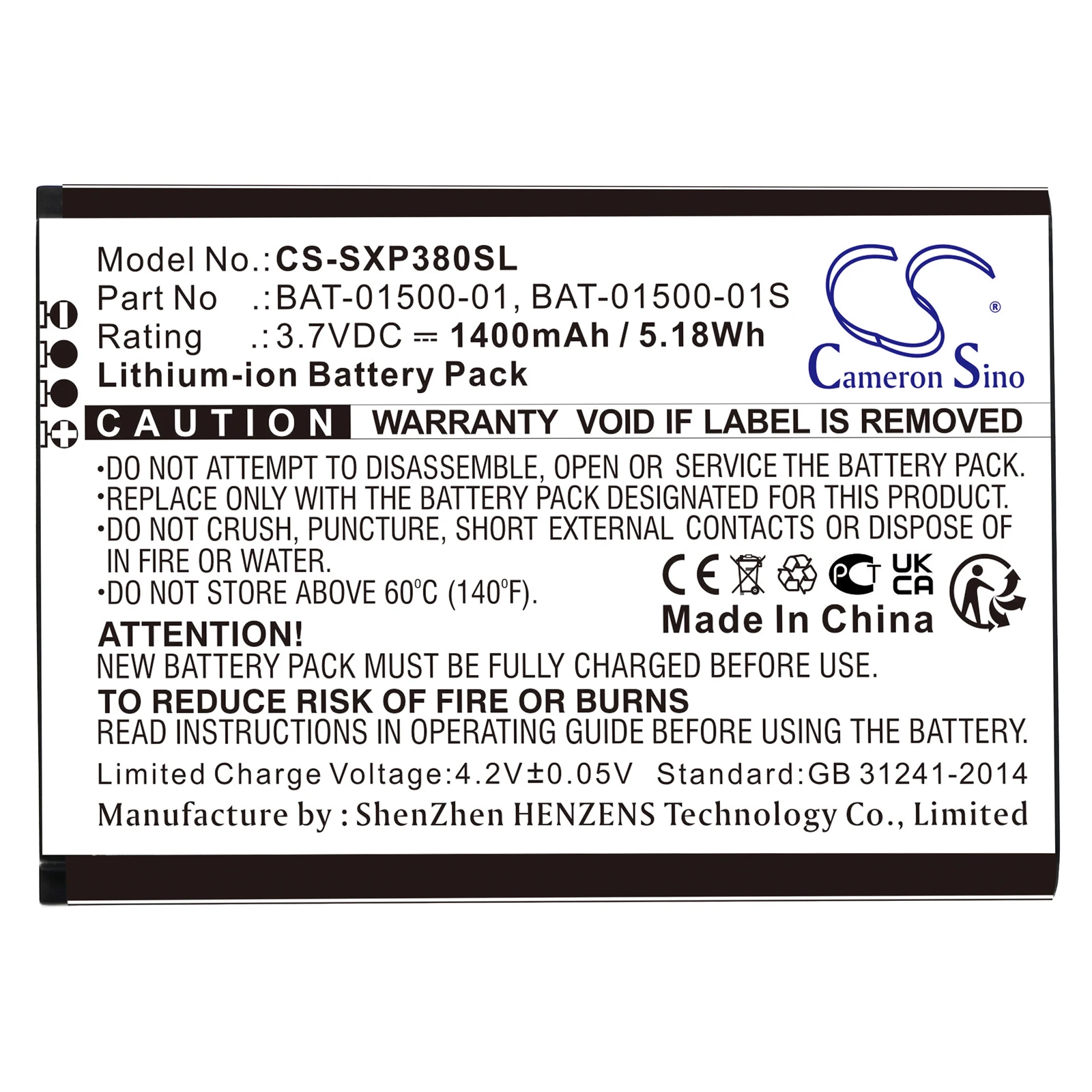 

CS Mobile SmartPhone Battery For Sonim XP3800 Fits BAT-01500-01 BAT-01500-01S Li-ion 3.70V 1400mAh/5.18Wh