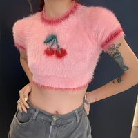 cute pink cherry short sleeved t shirt women vintage o neck cropped knitted sweater tops y2k clothing roupas femininas 2022 new