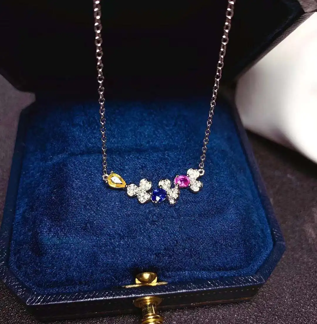

Natural Multicolor sapphire Necklace natural gemstone Pendant Necklace S925 silver trendy Clover Plum blossom girl party Jewelry