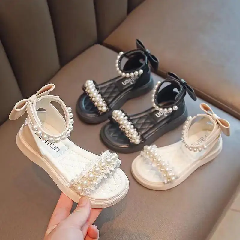 

Shoes for Kids Girls 2022 New Black Pearl Girls Shoes Soft Bottom Breathable Casual Shoes Solid Beach Sandals