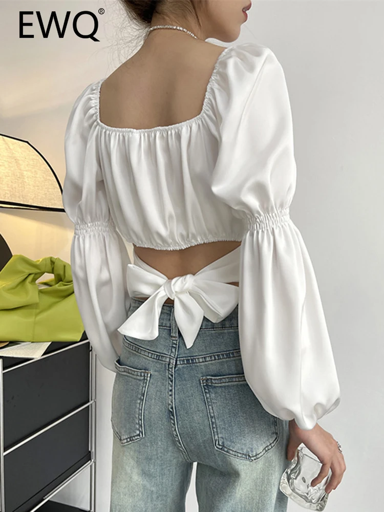 

EWQ Backless Hollow Out Design Elegant Shirt For Women Square Collar Puff Sleeve French Short Tops 2023 Autumn New 26D2791