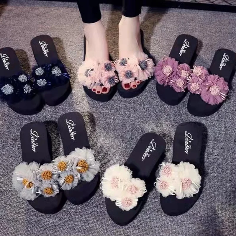 

Summer Women Slippers Parent-child Slippers Non-slip Flip Flops Kids Girls Beach Shoes Flowers Decoration Princess Sandals