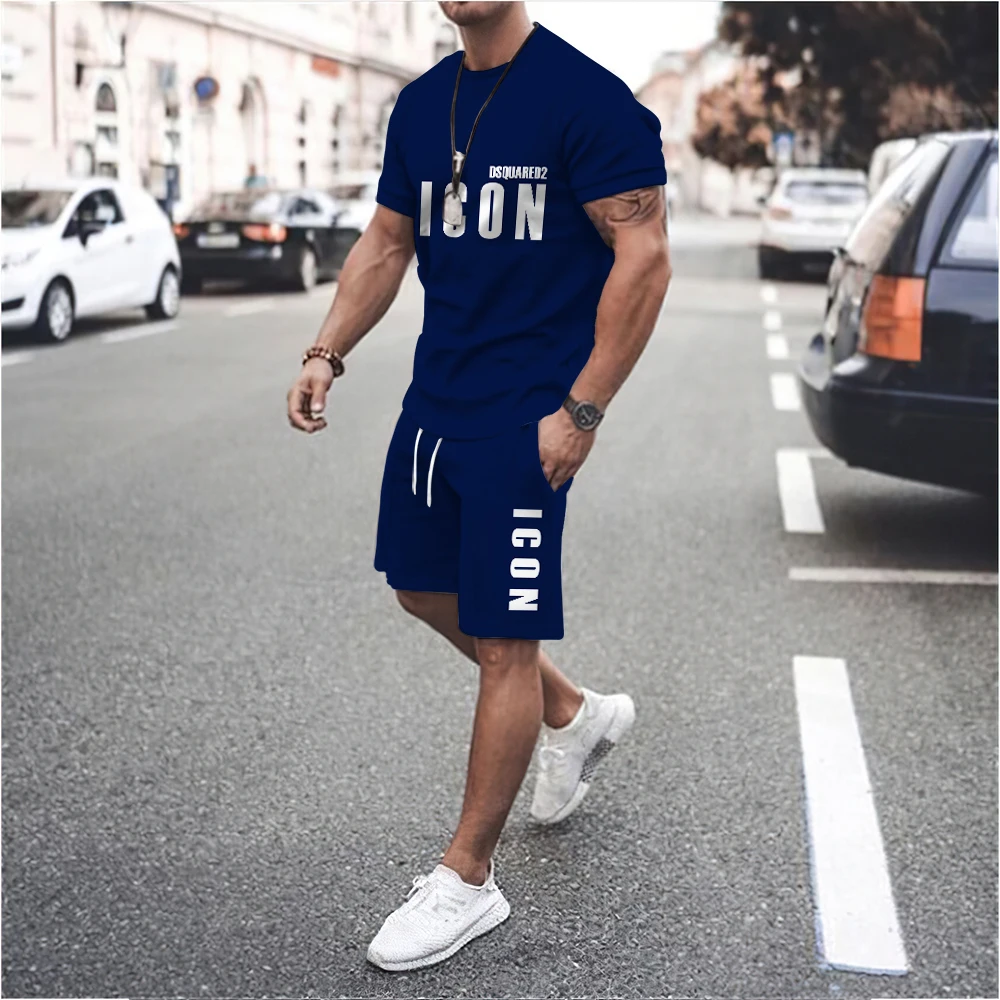 Limited New Letter Solid Color Versatile Print Men's Sports T-Shirt Suit Casual Fashion Fitness Top + Shorts Loose Oversized